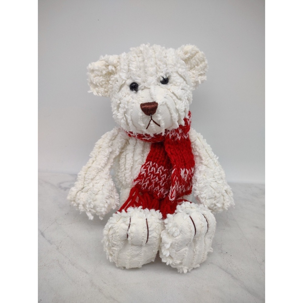 White Chenille Bear Plush Stuffed Animal Christmas Holiday Scarf Fine Toy Co 10"